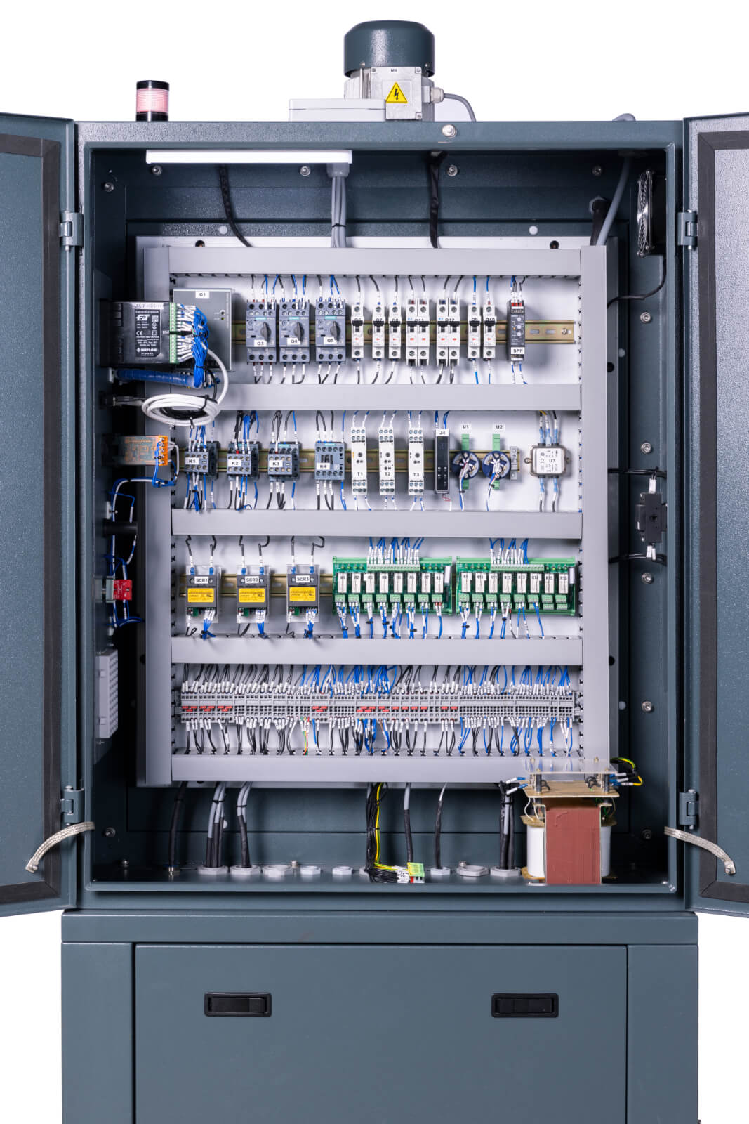 T3 chamber electrical panel — precision wiring with contactors and terminal blocks